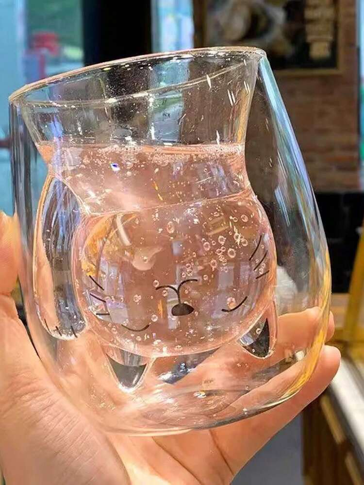 可爱猫咪玻璃咖啡杯，双层保温牛奶杯，适合盛装早餐、咖啡、果汁，是生日和节日送礼的理想之选，仅限手洗，动物纹印花，可重复使用的椭圆形玻璃饮水杯，适合家庭使用。 - 彩色 - 查看 4