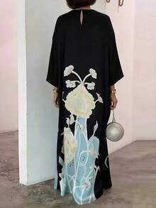 Elegant Women's Satin Long Dress With Floral Print And Sequin Decor, Round Neck Design, Arabic Style Spring Black - Black - View 3