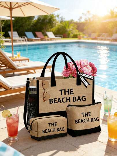 This Women's Beach Themed Handbag Set Features An Artistic "Beach Bag" Logo And Includes A Large Capacity Handbag And Two Makeup Bags.