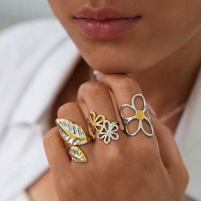 3pcs/1pc Vintage Flower Leaf Opening Ring, 18k Gold-Plated Stainless Steel Ring, Women's High-End Fashion Temperament Ring, 304 Stainless Steel Ring, Simple And High-End Style Personalized Jewelry, Holiday Gift/Daily Matching Versatile Design, Suitable For Girlfriends And Wives, Suitable For Daily Gatherings And Parties