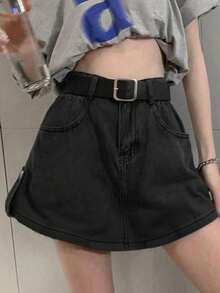 女士休闲宽松中腰短款牛仔裙，春夏款 - 深灰色 - 查看 2