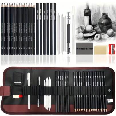 Drawing Pencils Sketch Pencil Art Supplies Set,Professional Sketching Art Graphite Charcoal Blending Stump Pencils Kit (29 Art Supplies) Back To School