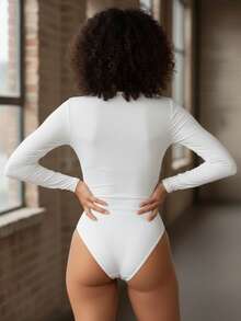 Set Of 3 Women's Bodysuits, Second Skin Style, Square Neckline, Long Sleeves, Casual Fashion, Versatile, Soft Spandex, Lined With Elastane, High Fashion Blogger Style - 黑白灰 - 查看 5