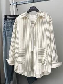 女士条纹宽松休闲口袋长袖衬衫，春夏款 - 杏色 - 查看 3