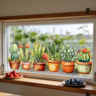 1/3pcs Botanical Succulent Window Sticker Flowering Cactus In Pots Design Waterproof Static Cling For Office Home Windows Display Removable Anti Collision Glass Decal