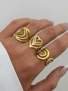 3pcs/Set Vintage Thick Women's Gold Stainless Steel Ring Set, 18k Gold Plated Stackable Rings, Adjustable Statement Rings - Gold - View 6