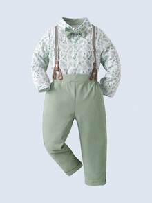 BOARNSEORL 两件套男童绅士套装，长袖印花衬衫配领结和绿色背带裤，时尚优雅，适合生日、周年纪念、派对和日常穿着。 - 綠色 - 查看 5