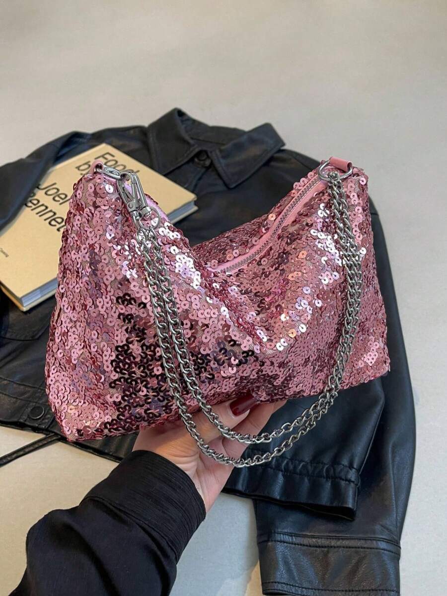 Fashionable New Sequin Shoulder Bag, Chain Strap Small Square Bag For Women - Pink - View 1
