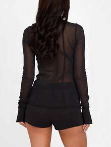 Women's Solid Black Sheer Mesh Minimalist Cover Up Shirt Top, Suitable For Daily Wear, Dates, Holidays, Parties, Street Photography - Black - View 8