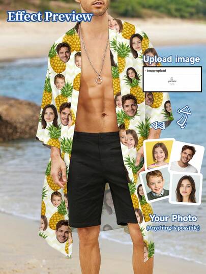 Bata de vacaciones hawaiana personalizada para hombres, con patrones personalizados, retratos de individuos, miembros de la familia, mascotas, dibujos animados, temas festivos