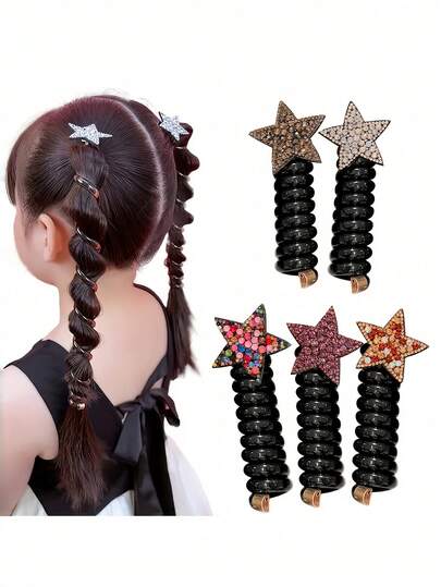 1对随机颜色弹力星形儿童发饰，可用于扎马尾辫或作为发饰
