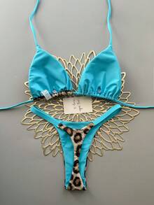 Women's Summer Beach Leopard Print Halter Tie Sexy Bikini Swimsuit Set Vacation - Baby Blue - View 3
