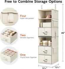 6-Shelf Hanging Closet Organizer With 3 Drawers, 2 Separable 3-Shelf Closet Organizers And Storage For Wardrobe Organization, Hanging Dresser For Nursury & Dorm Clothes Organizer, Beige - Beige - View 4