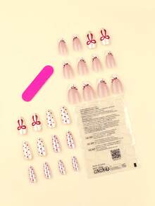 24pcs 3d Three-Dimensional Decoration Red Bowknot Decor Cherry Press On Nails Red Polka Dots False Nails French Yellow Fake Nails Medium Short Almond Shape Nails Manicure Set Includes 1sheet Adhesive Tabs & 1pc Mini File Perfect For Everyday Wvear Nail Supplies - Multicolor - View 2