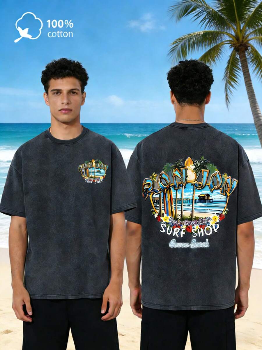 Surf Shop Beach Vacation Men's Washed Cotton Short-Sleeve T-Shirt, 100% Cotton, 250g Double-Sided Print, Vintage Street Style, Men's Casual And Comfortable T-Shirt, Men's Standard Sizing. - 黑色 - 查看 1