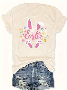 Easter T-Shirt Egg Flower Bunny Ears Bunny Feet Caster Letter Print Plus Size Round Neck - Apricot - View 6
