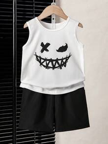 Young Boy Casual White Dark Face Print Tank Top + Black Shorts Set, Children's Summer Daily Street Style Outfit - White - View 1