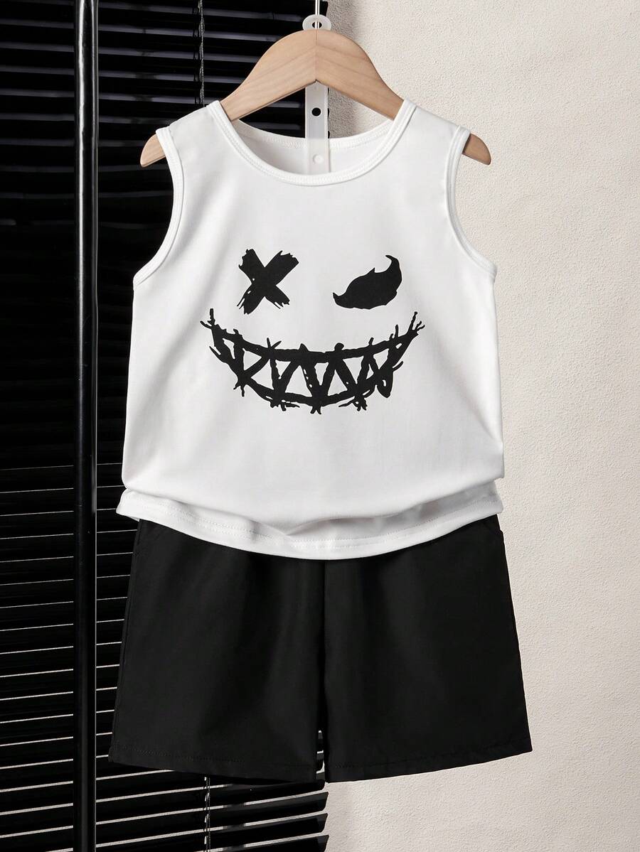 Young Boy Casual White Dark Face Print Tank Top + Black Shorts Set, Children's Summer Daily Street Style Outfit - White - View 1