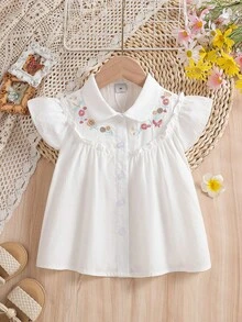Girls' Casual Short Sleeve White Collared Shirt, Summer - White - View 1