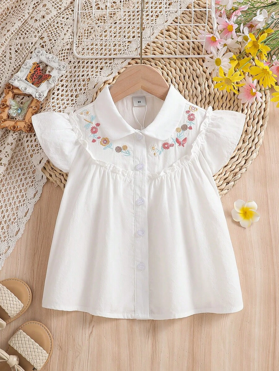 Girls' Casual Short Sleeve White Collared Shirt, Summer - White - View 1