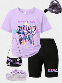 两件套 KPOP 风格印花短袖T恤和短裤套装，Y2K 街头风夏季校园穿搭，休闲时尚 - 紫色 - 查看 2