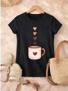 Women's Blouse With Teacup And Hearts Print, 100% Cotton, Casual And Cute, Sizes P To GG (Sizes P To GG). - 黑色 - 查看 3