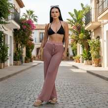 Knitted Beach Cover-Up Pants With Adjustable Waist, Pool Sarong - 深玫瑰 - 查看 6