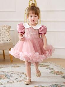 女宝宝优雅可爱公主风泡泡袖粉色连衣裙，适合女宝宝一周岁生日、婚礼、派对、节日庆典等场合。 - 粉色 - 查看 2