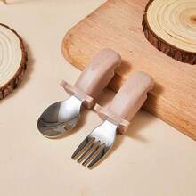 2pcs/Set Baby Stainless Steel & Silicone Spoon And Fork Set, Toddler Feeding Training Utensils - Multicolor - View 5