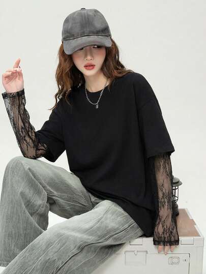 2026春秋新款时尚优雅撞色蕾丝长袖上衣，百搭奢华女式T恤