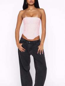 Women Bustier Corset Top Y2k Strapless Tie Back Boned Overbust Tube Crop Tops Going Out Club Shapewear - 玫紅色 - 查看 6