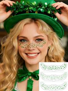 1 Set St. Patrick's Day Face Tattoos, Irish Festival Party Makeup Stickers, Green Clover & Star Waterproof Face Decals - Green - View 1