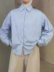 DAZY 宽松休闲条纹女式衬衫，长袖上衣秋季 - 藍色 - 查看 1