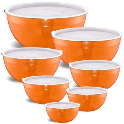 Orange Mixing Bowls With Airtight Lids, Stainless Steel Nesting Mixing Bowls Set Of 7, Ideal For BaFKing, Prepping And Serving Food, Size 7, 3.6, 2.7, 2.1, 1.5, 1.1,0.8 QT, Stackable Design