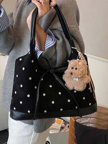 1pc Polka Dot Faux Suede Tote Bag, Fashion Women's Handbag, Shoulder Bag For Commuting, Dating, Daily Use, Comes With Pendant - Black - View 7