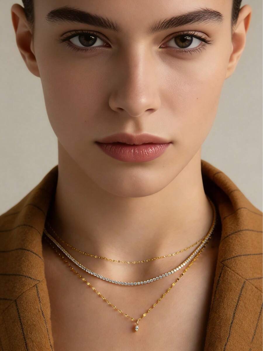 Dây chuyền nhiều lớp gồm 2 mặt dây chuyền đá Zirconia hình mắt ngựa dành cho nữ, thích hợp cho sử dụng hàng ngày, dự tiệc và du lịch.