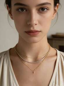 Dây chuyền nhiều lớp gồm 2 mặt dây chuyền đá Zirconia hình mắt ngựa dành cho nữ, thích hợp cho sử dụng hàng ngày, dự tiệc và du lịch. - Vàng - Xem 3