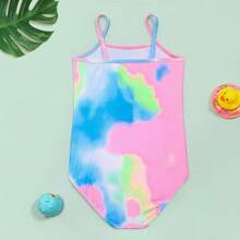 Young Girls' Gradient Tie-Dye Unicorn Print One-Piece Swimsuit, Featuring Cute Unicorn Design With Gold Glitter Horn & Ears, Colorful Floral Decor, And Playful Eyelash Expression. Designed With Spaghetti Straps, Contrast Trim, And Rainbow Gradient Leg Accents, Suitable For Beach Vacation And Pool Activities. - Pink - View 2