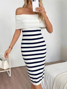 Sexy Off-Shoulder Collared Contrast Striped Bodycon Knit Dress, Slim Fit, Spring/Summer - Blue - View 3