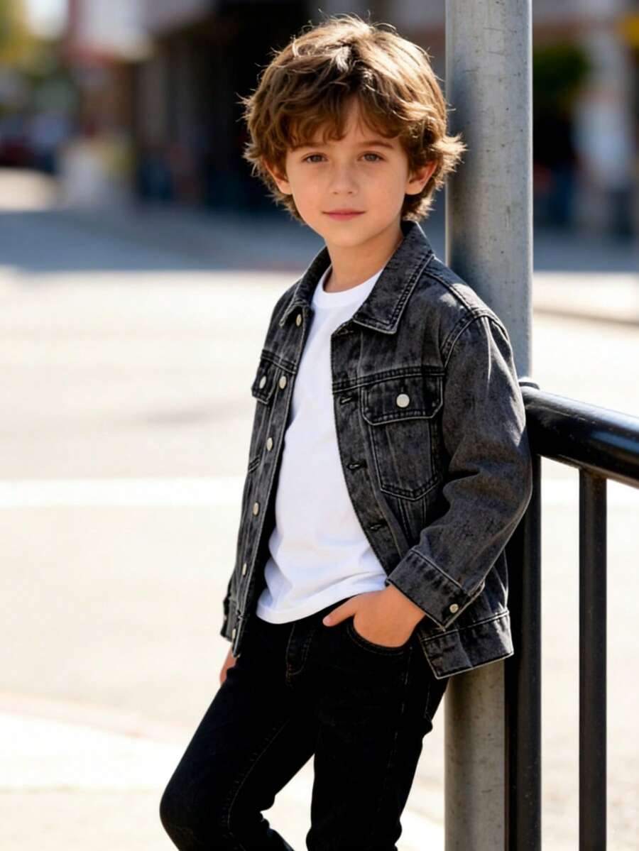 Toddler Boys' Black Denim Jacket,  Vintage Print American Style Jean Coat. Cool Loose Fit Trucker Jacket 4-7 Years. Soft, Durable & Comfortable For All Seasons. All Season Wear. Ideal For School, Park & Daily Play. Spring Fall Outerwear. Birthday Gift For Kids. - Black - View 1