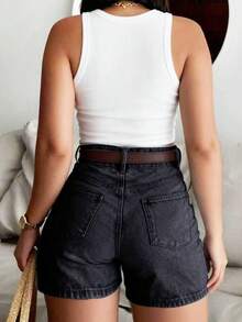 Shorts vaqueros negros para mujer, estilo de pierna recta, con detalles de botones y bolsillos, con un nivel medio de elasticidad, con un toque bohemio y casual para el verano - Negro - Ver 5