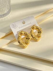 Stainless Steel Gold-Plated Ear Studs, Low Allergenic, Nickel-Free, Hollowed-Out Ear Studs, Thick Gold Lady's Ear Studs, Fashion Declaration Geometric Texture Lightweight Anti-Allergy Ear Studs, Retro Jewelry Dance Party Gifts, Lady's Ear Studs, Fashionable Heavy And Unique Pendant Ear Studs, Lady's Gold Earring Set, Exquisite Gold-Plated Pendant Ear Studs, Anti-Allergy Ear Studs, Fashion Jewelry, Lady's Gifts, Party Gifts - Multicolor - View 2