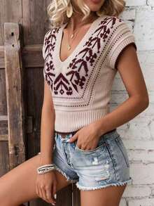 女士休闲V领提花优雅百搭撞色针织背心，春夏款 - 卡其色 - 查看 3