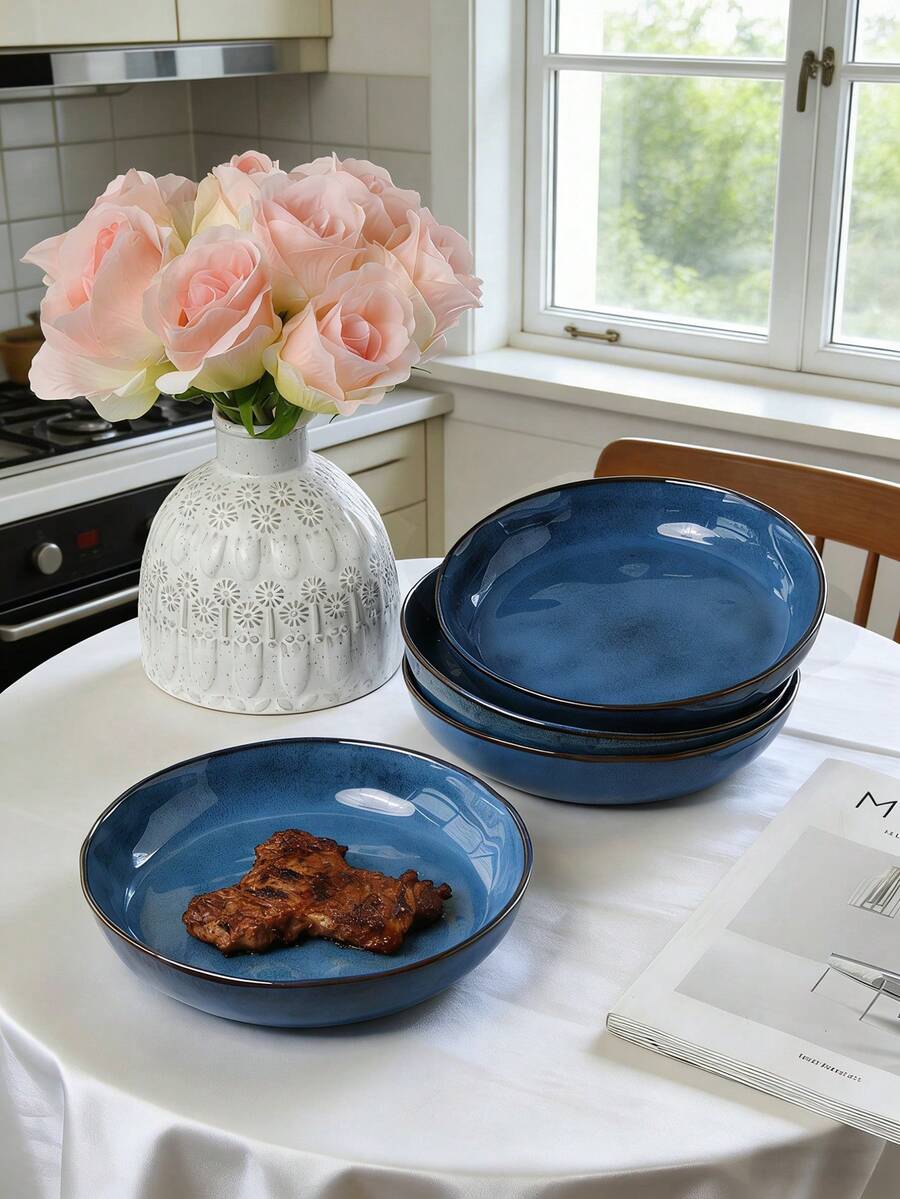 2个8.2英寸复古做旧陶瓷盘，窑变悉尼蓝乡村风格沙拉碗，创意个性化西式餐厅陶瓷早餐碗，水果搅拌碗，米饭碗，甜点碗，适用于家庭厨房、餐厅聚会、厨房用品、餐具配件，可用于烤箱和微波炉 - 彩色 - 查看 1