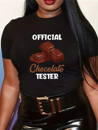 Womens Official Chocolate Tester Graphic T Shirt Black Casual Crew Neck Short Sleeve Tee With Chocolate Bar Design Medium Stretch   Fit Machine Washable Summer   Weekend Wear Mediumstretch Fabric
