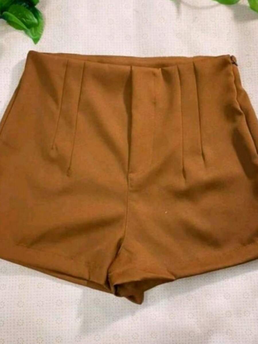 Women's Tailored High-Waisted Shorts With Side Zipper. - Rust Brown - View 1