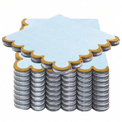 20张/套、40张/套、60张/套，浅蓝色波浪花纹金箔边加厚柔软吸水双层派对餐巾纸，展开尺寸24厘米*24厘米，适用于：婚礼、下午茶、生日派对装饰、派对装饰、派对用品、节日装饰