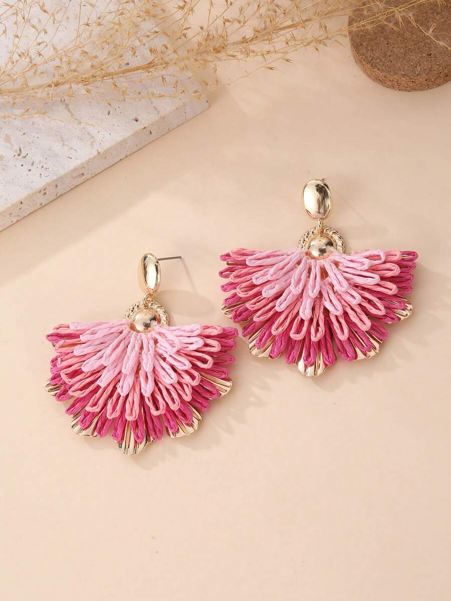 1 Paar handgefertigte Ohrringe mit Gradienten-Farbverlauf in Pfauenschwanz-Blumenform, einzigartiges Design, geeignet für Partys, Urlaub und den täglichen Gebrauch - Heißes Pink - Übersicht 1