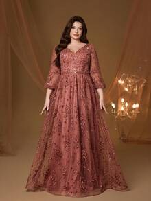 V-Neck, Embroidered, Lace, Bubble Pearl, 3/4 Sleeve, High-End Evening Gown - Redwood - View 5