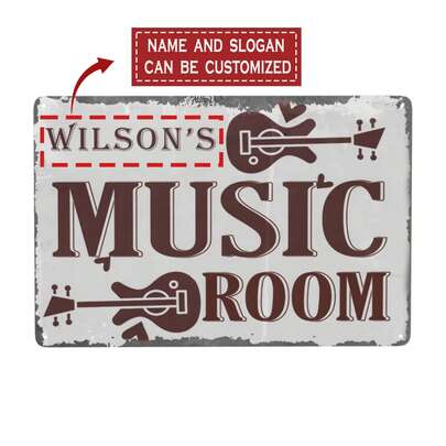1 stuk klassiek gepersonaliseerd metalen muziekkamerbord, op maat gemaakte gitaarwanddecoratie met naam of tekst, ontwerp met afgeronde hoeken, 4 ophanggaten, ideaal cadeau voor gitaristen en muzikanten, formaat 8x12 inch